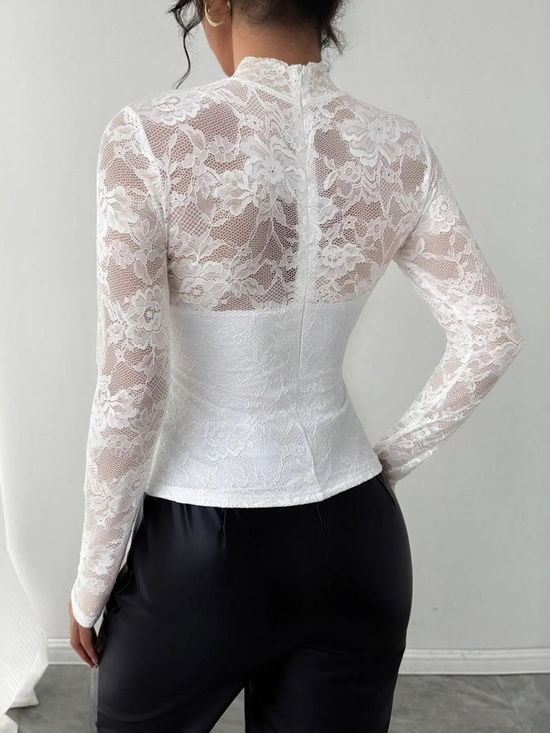 Sheer floral lace mock neck long sleeve top