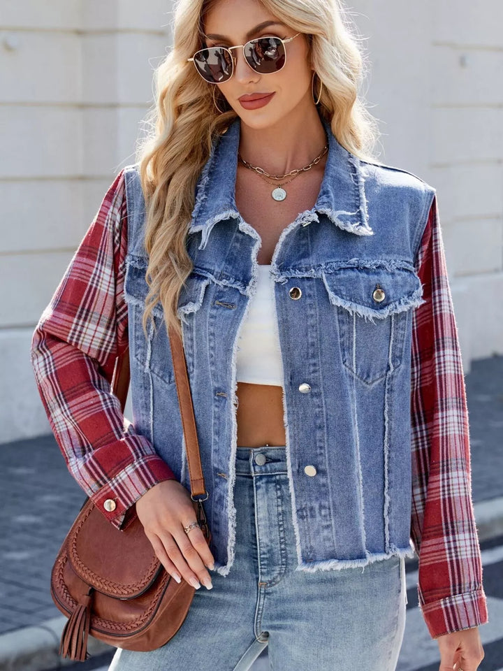 Raw hem denim jacket with plaid contrast sleeves
