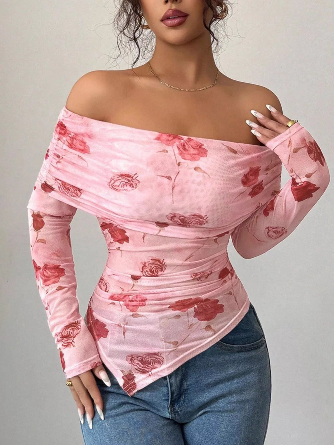 Pink Sheer floral mesh off-shoulder top with ruched sides