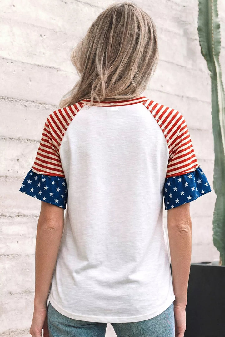 Star patch flag-inspired V-neck top with ruffle sleeves