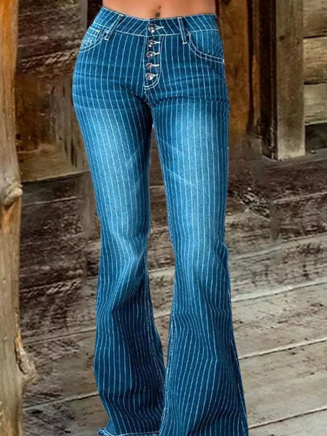 Blue Pinstripe mid-rise button-fly flare jeans
