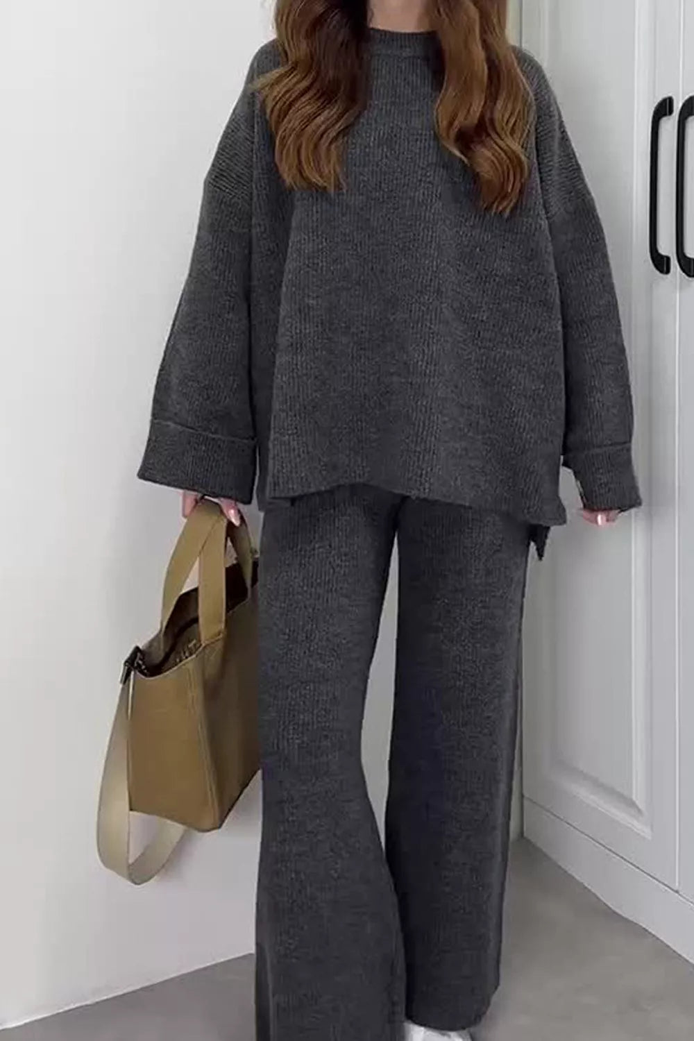 Ribbed knit dropped shoulder sweater and wide leg pants set