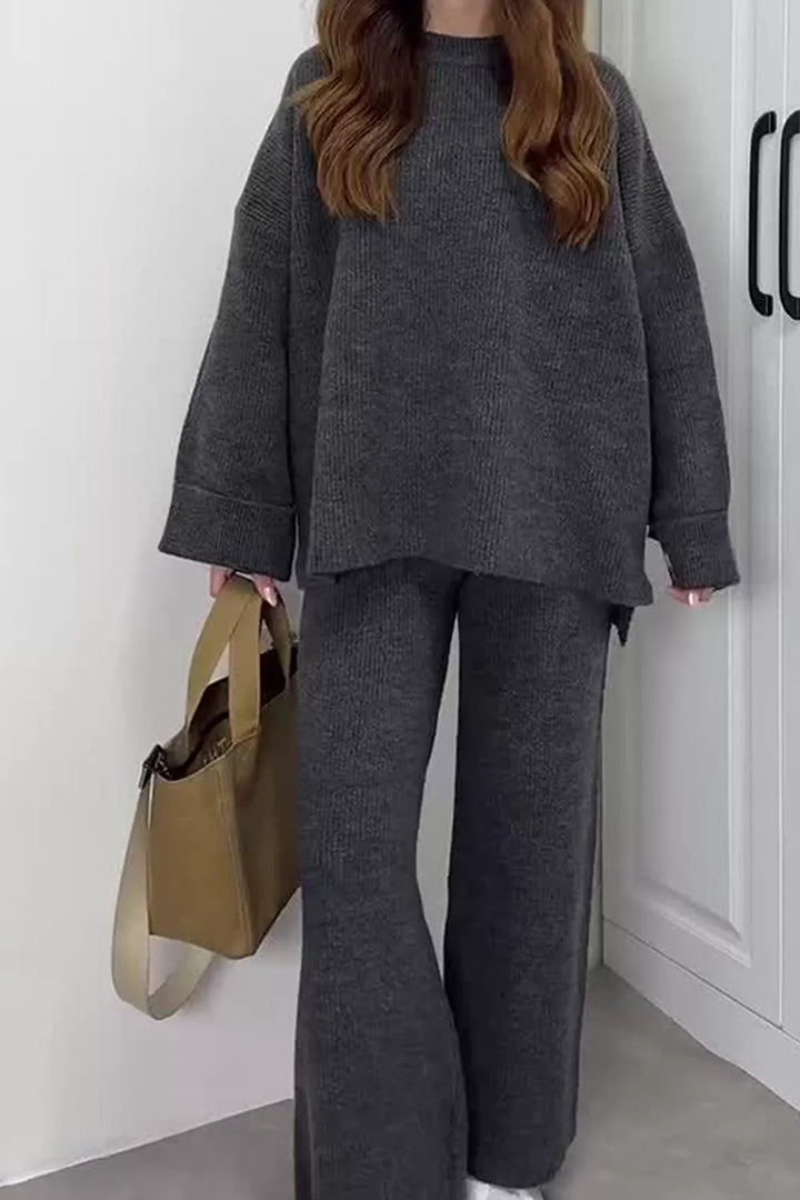 Ribbed knit dropped shoulder sweater and wide leg pants set