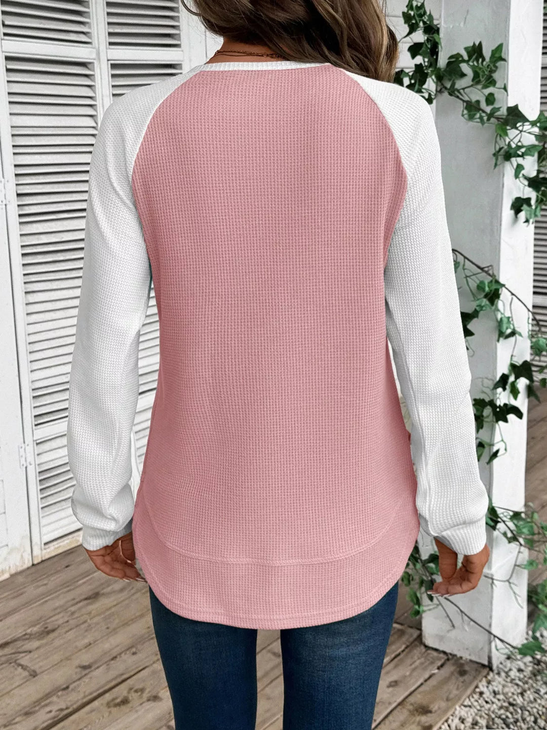 Waffle knit long sleeve raglan tunic top