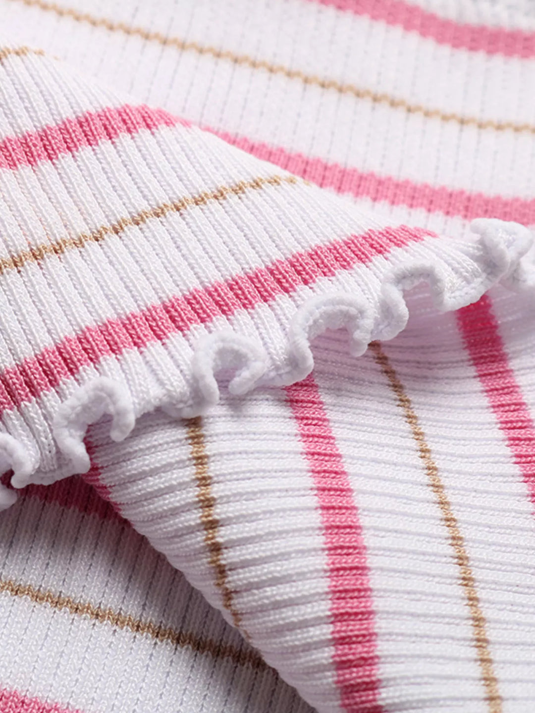 Ribbed striped tube top with lettuce-edge trim