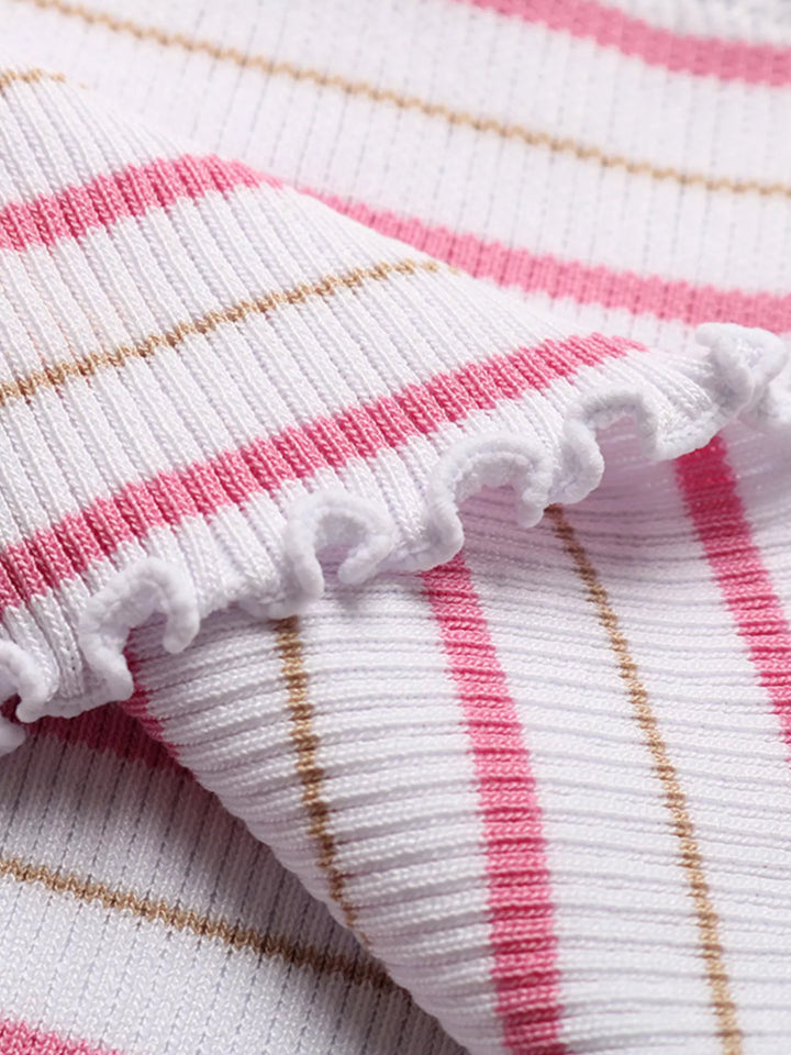 Ribbed striped tube top with lettuce-edge trim