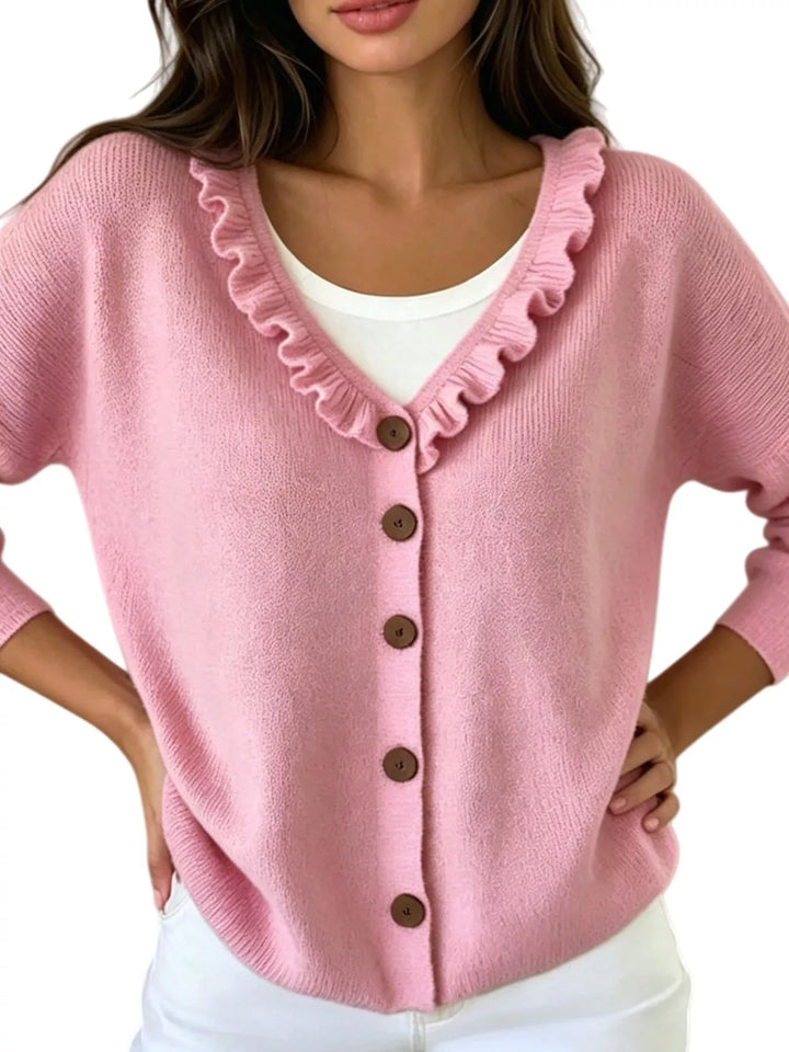 Pink Ruffle-trim V-neck button-front knit cardigan