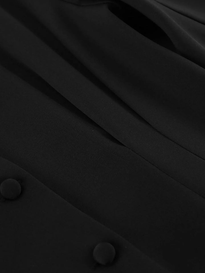 Collarless button-front jacket with cinched pleated waist