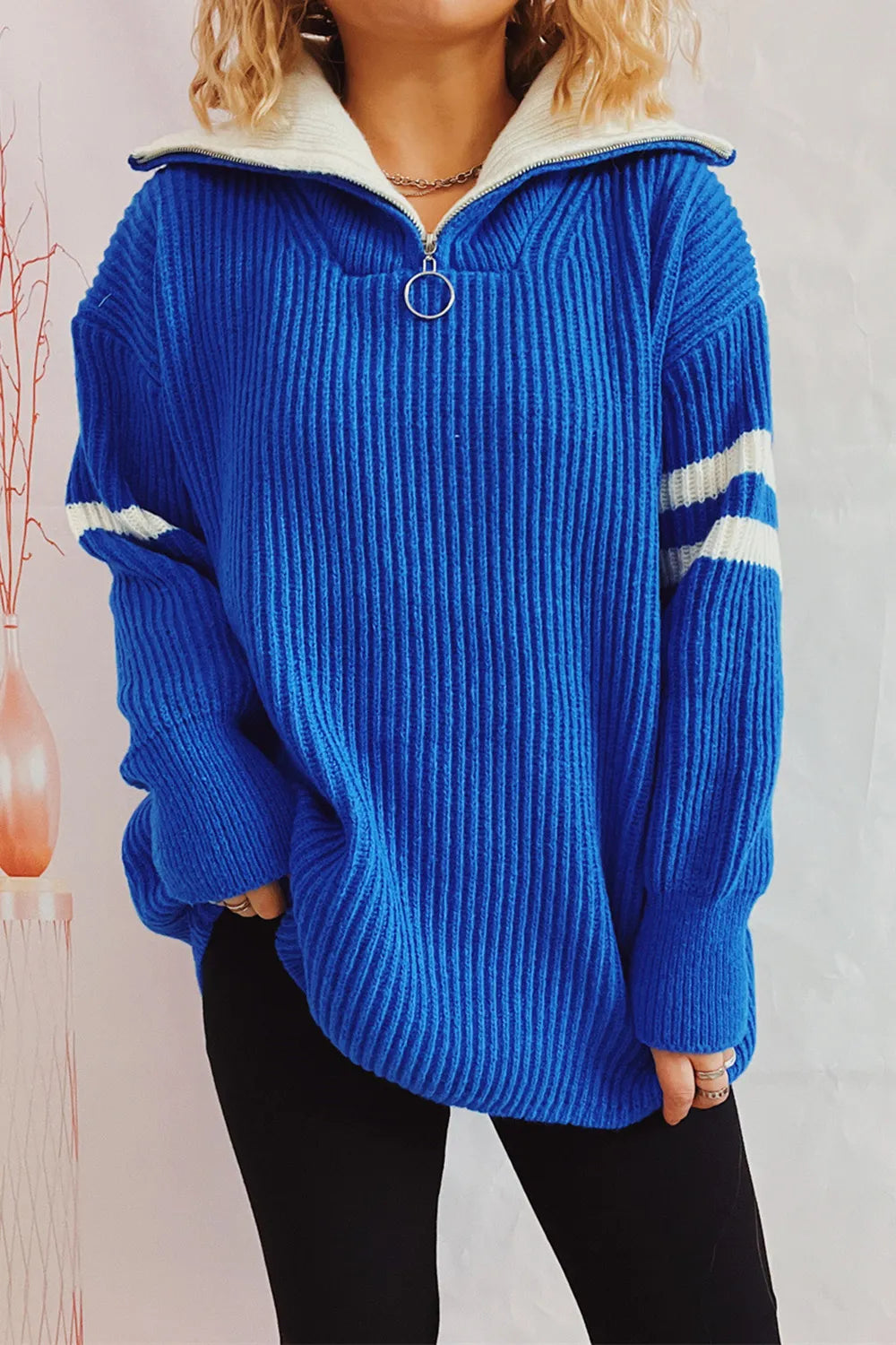Royal Blue Quarter-zip ribbed knit sweater with striped sleeves