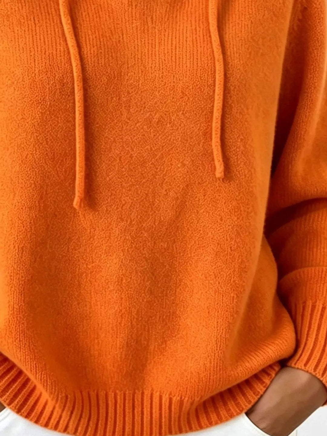 Drawstring hooded knit pullover sweater with ribbed trim