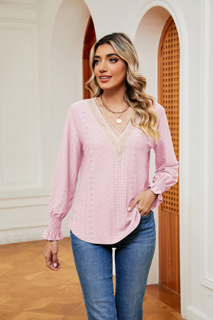 Blush Pink Contrast crochet V-neck eyelet blouse with flounce cuffs