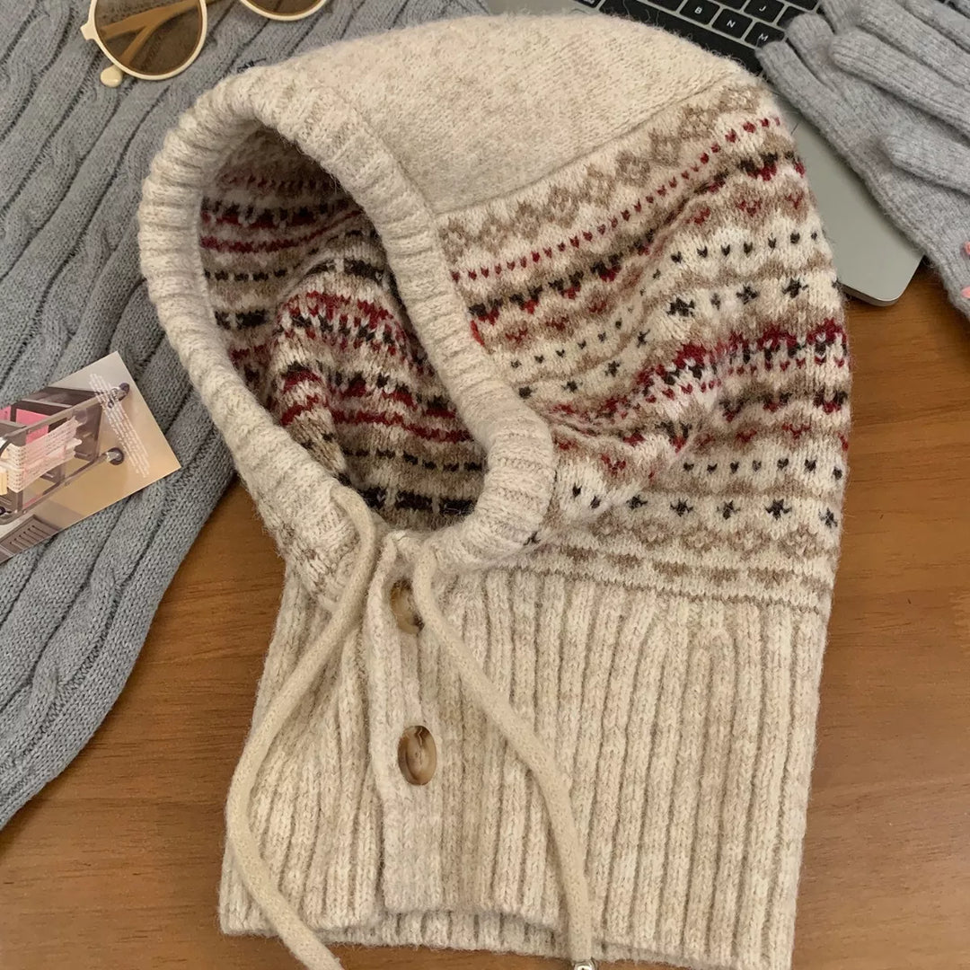 Beige Fair isle knit balaclava hood with drawstring tie