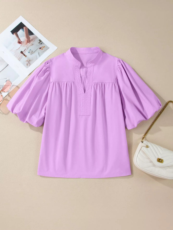 Puff sleeve cotton blouse with notched neckline