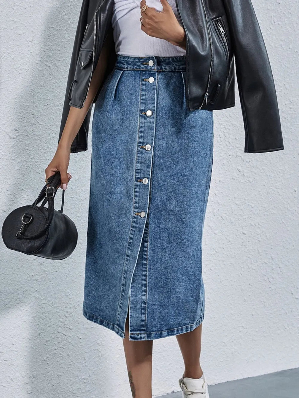 Pleated high-rise button-front denim midi skirt with pockets