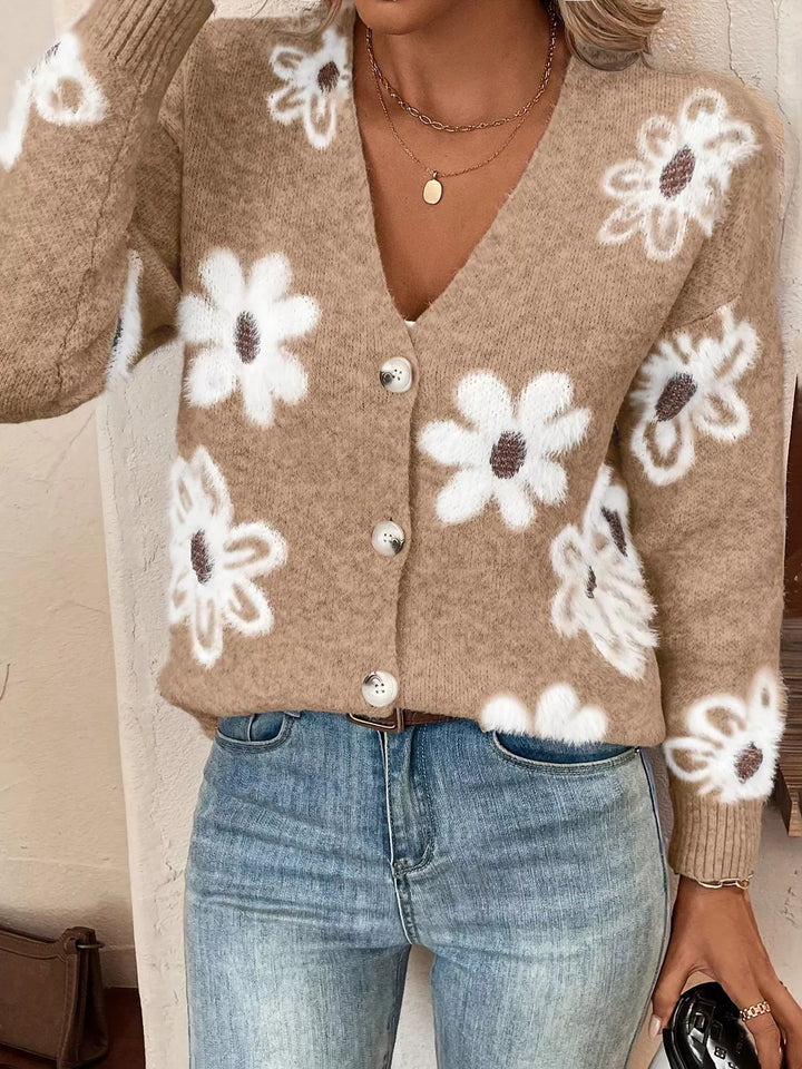 Caramel Color Fuzzy floral knit button-up V-neck cardigan
