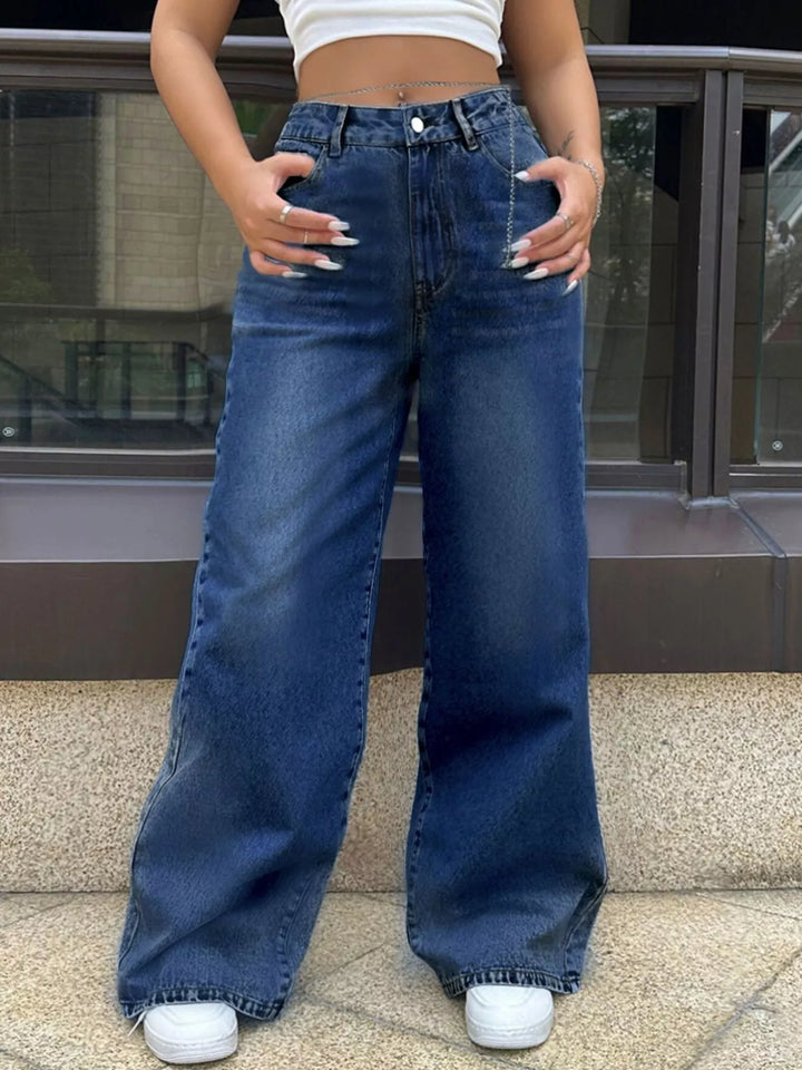 Dark Blue High-rise wide leg jeans with faded whiskering
