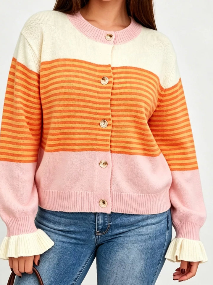 Orange Striped color block button-up cardigan with ruffle cuffs