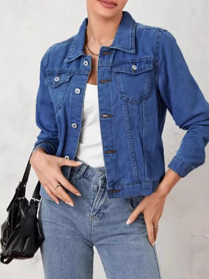 Dark Blue Cropped button-up denim trucker jacket with chest pockets