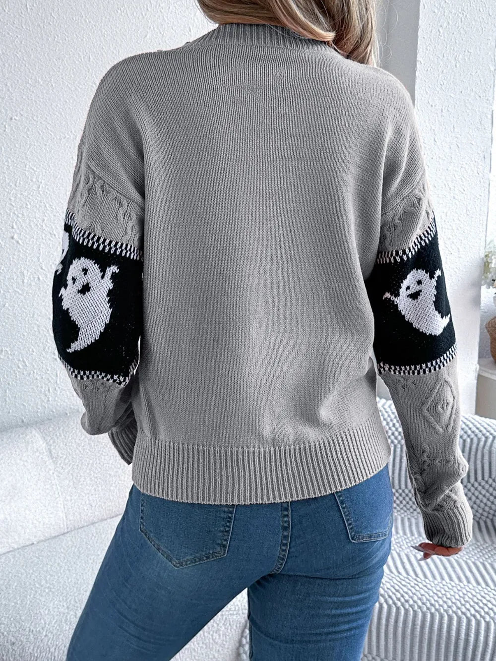 Ghost knit crew neck sweater with cable textured sleeves