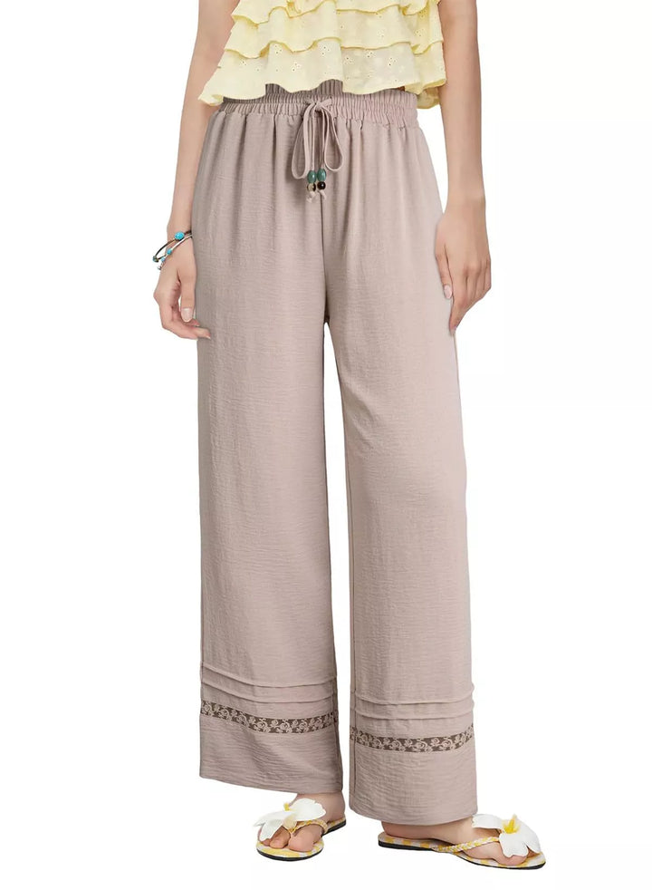 Tan Wide leg drawstring pants with embroidered lace hem