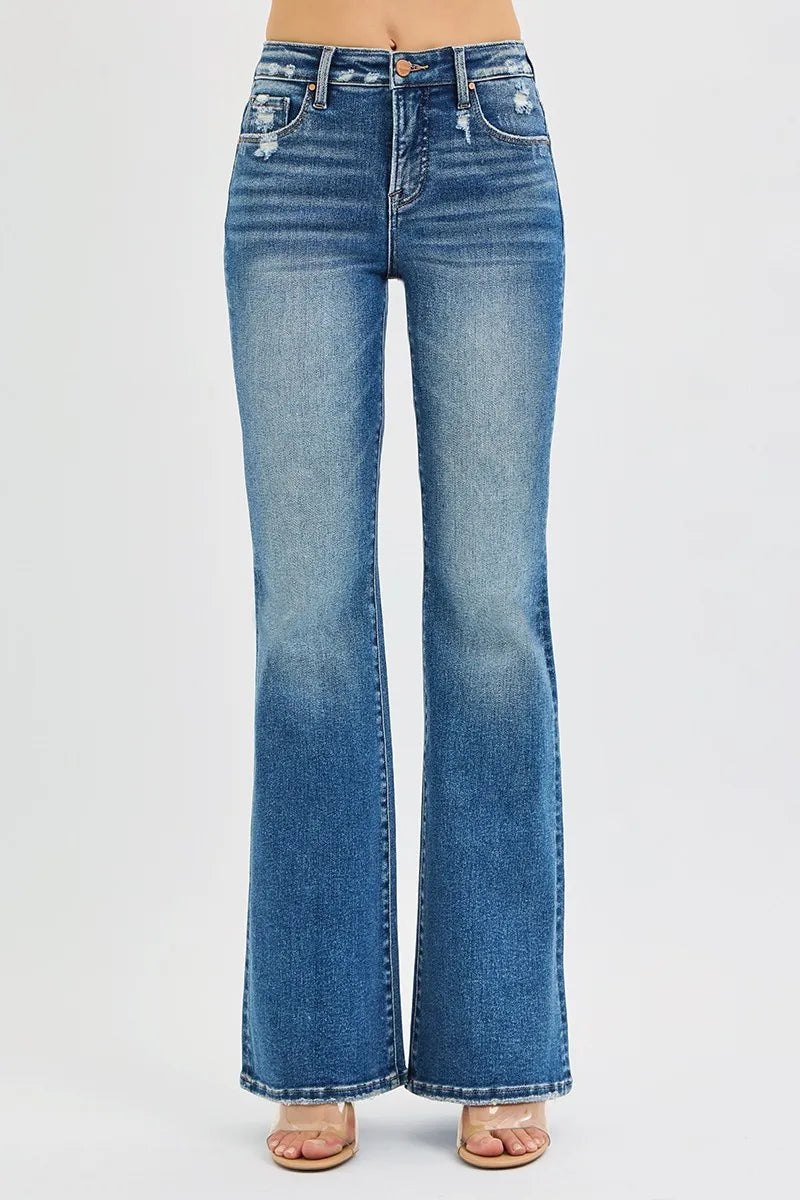 High-rise tummy control flare jeans with distressed waist