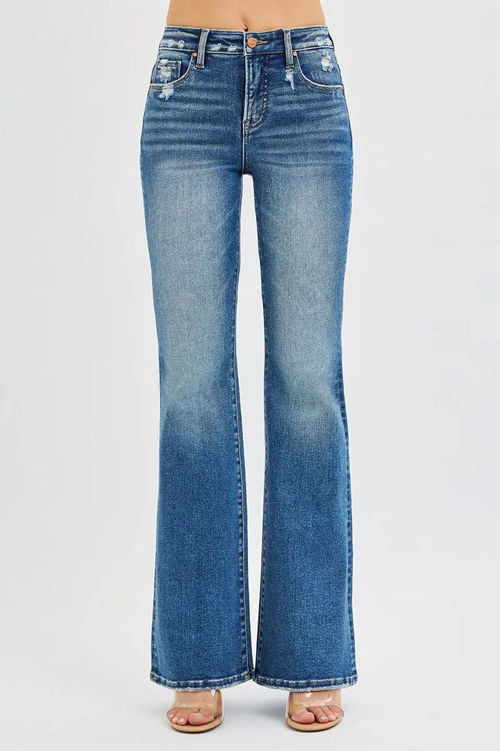 High-rise tummy control flare jeans with distressed waist