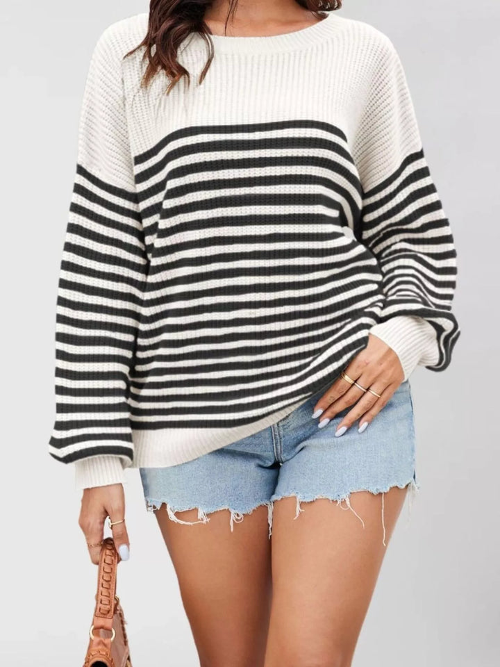 Striped ribbed knit drop shoulder pullover sweater