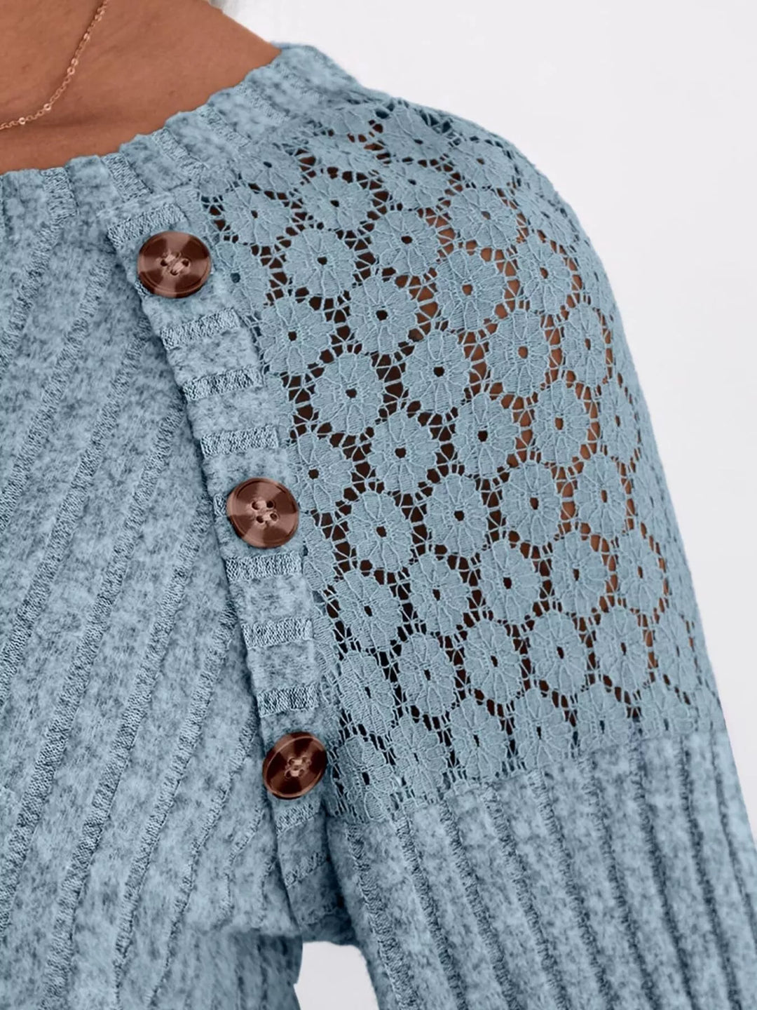 Ribbed knit long sleeve top with lace shoulder detail