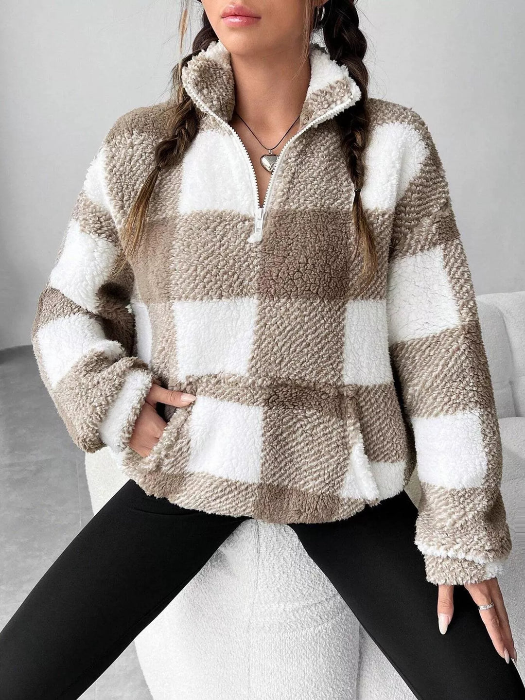Plaid sherpa quarter-zip pullover with front pocket