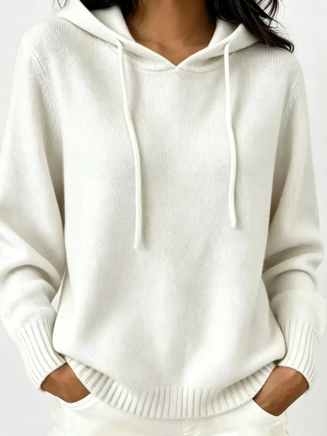 White Drawstring hooded knit pullover sweater with ribbed trim