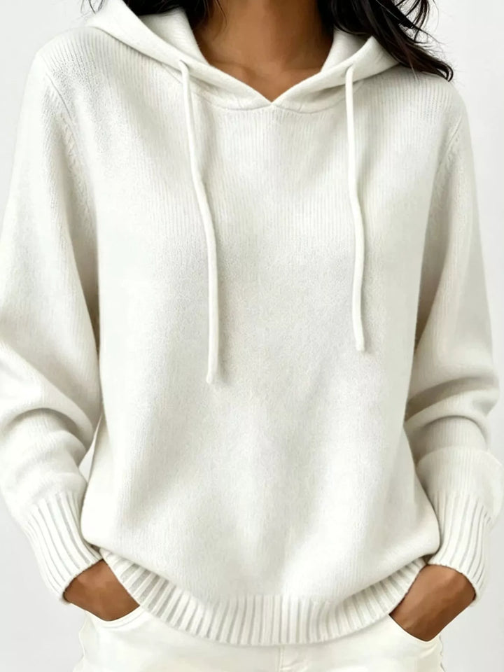 White Drawstring hooded knit pullover sweater with ribbed trim