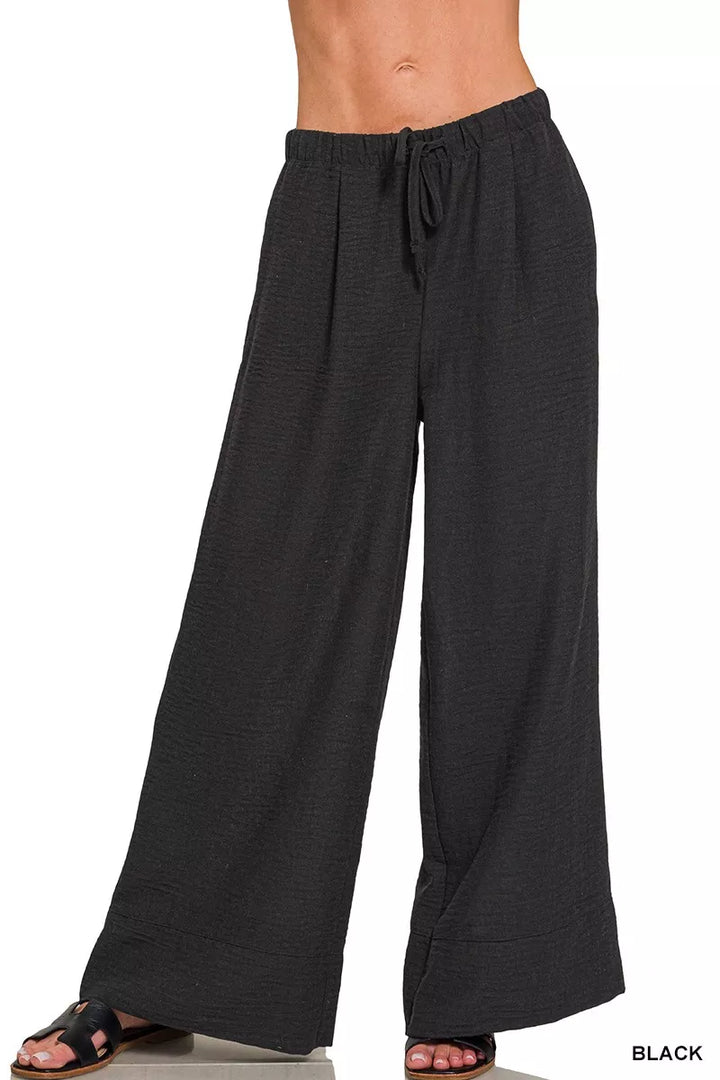 BLACK Wide-leg woven drawstring pants with side pockets