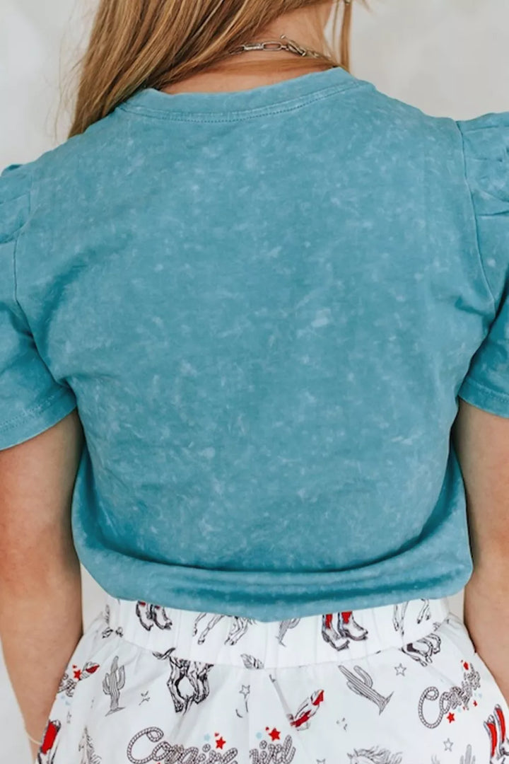 Vintage wash embroidered puff sleeve cotton tee