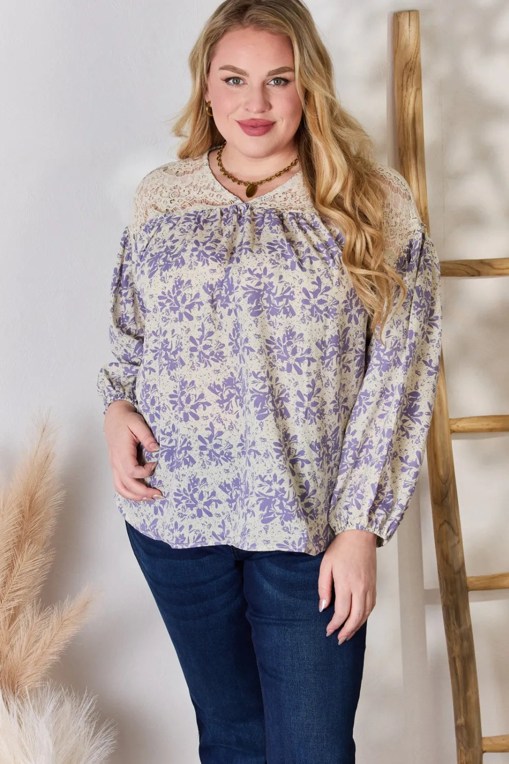 Floral print blouse with lace yoke and balloon sleeves