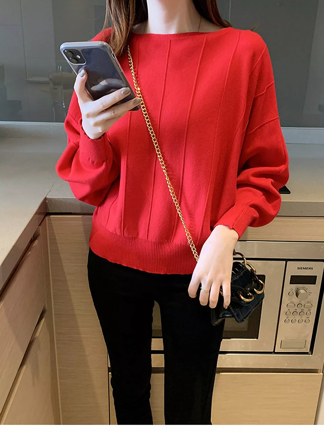 Deep Red Boat neck batwing sleeve knit pullover with ribbed hem