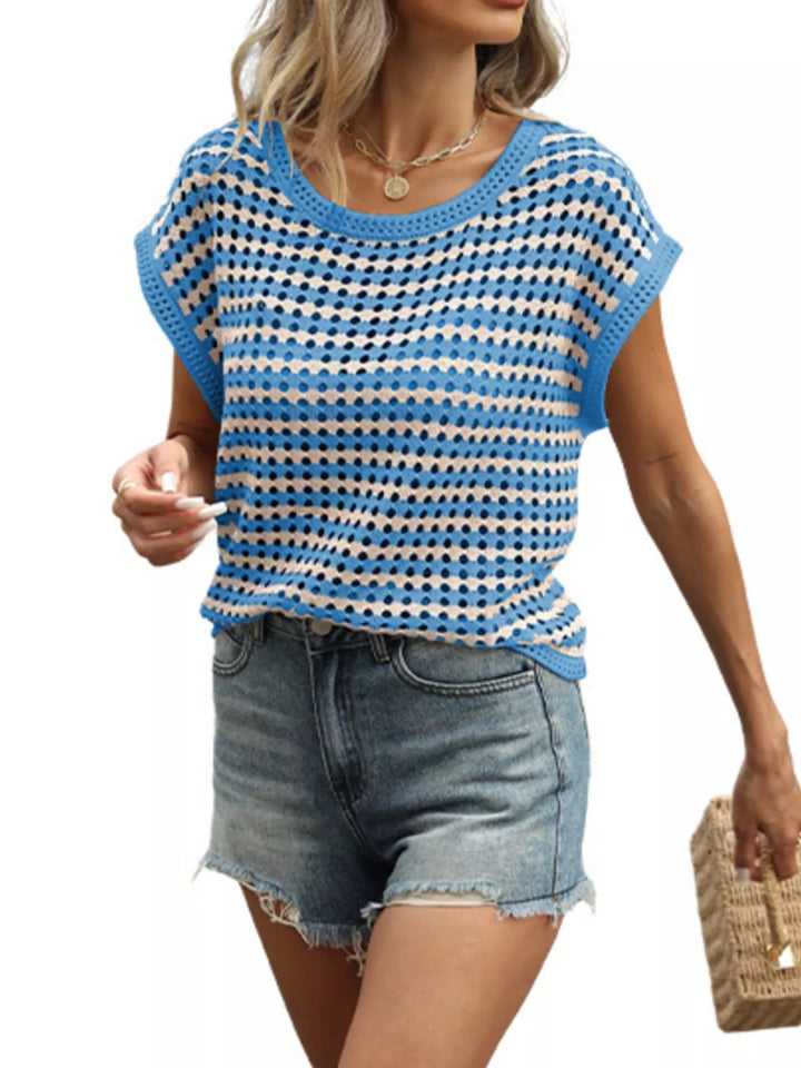 Striped open-knit top with cap sleeves and scoop neck