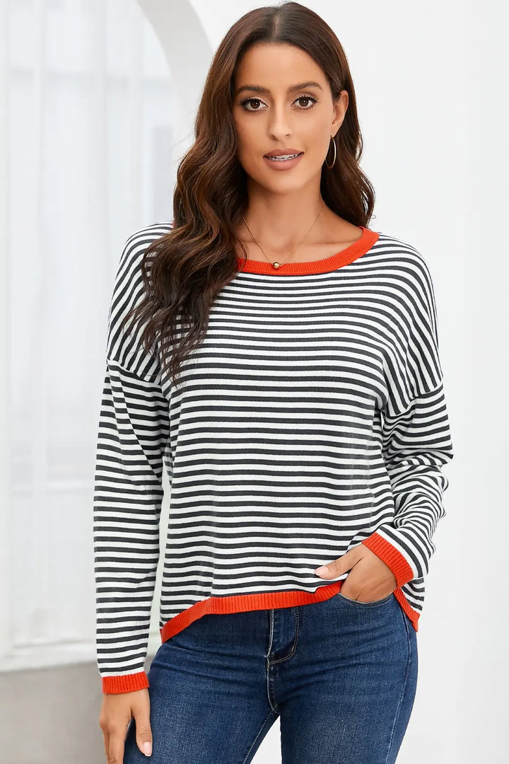 Contrast-trim striped drop-shoulder long sleeve knit top