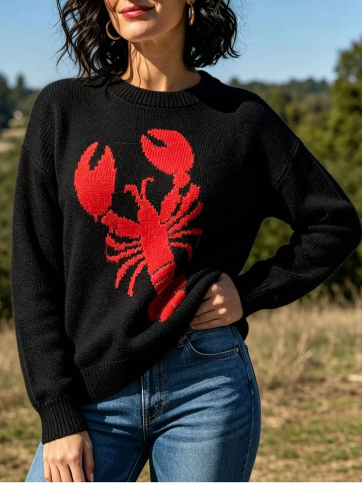 Black Lobster graphic crew neck knit pullover sweater