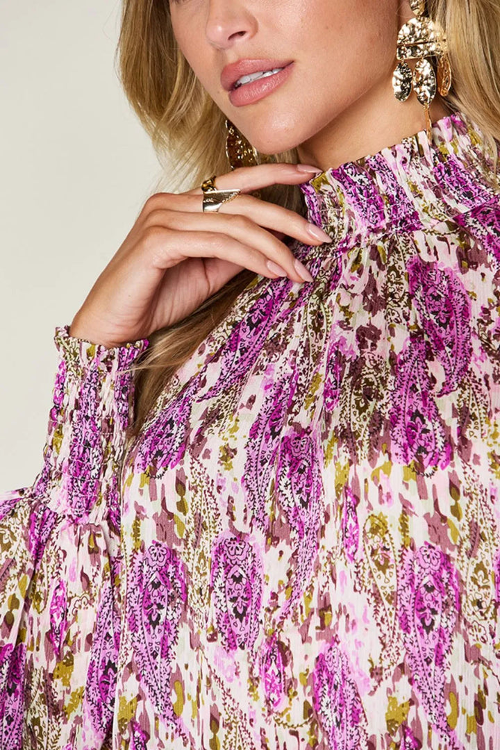 Printed smocked frill mock neck long sleeve blouse