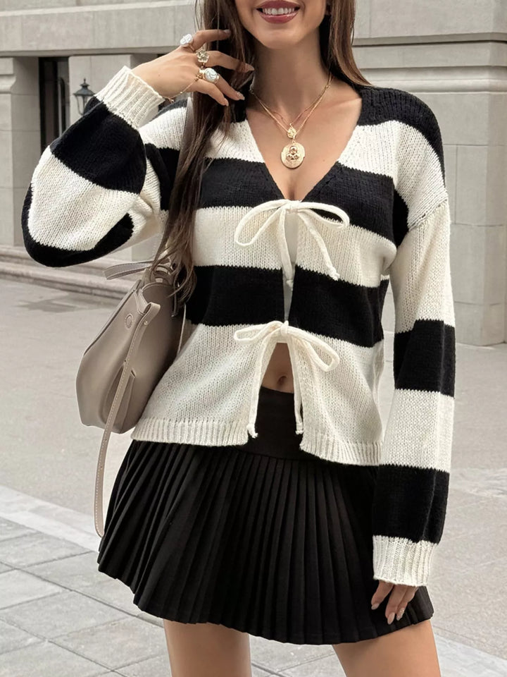 Black Striped tie-front knit cardigan with V-neck