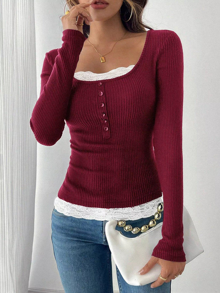 Burgundy Ribbed knit long sleeve top with lace trim and button placket