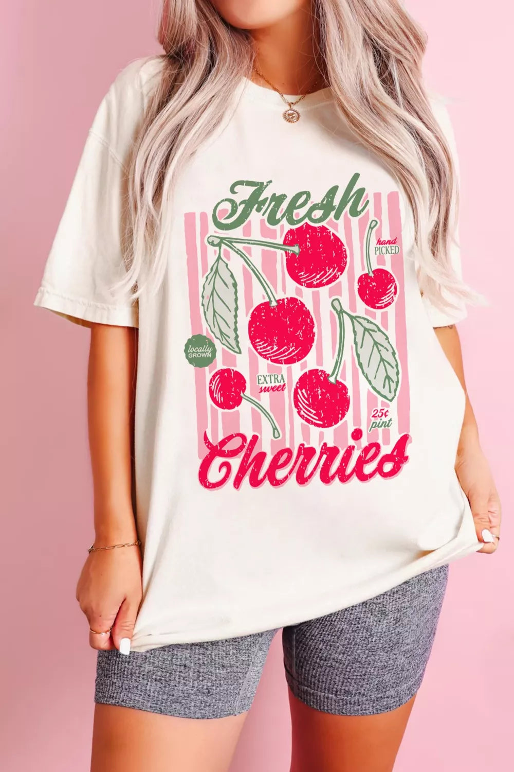 Fresh Cherries retro graphic oversized crew neck tee