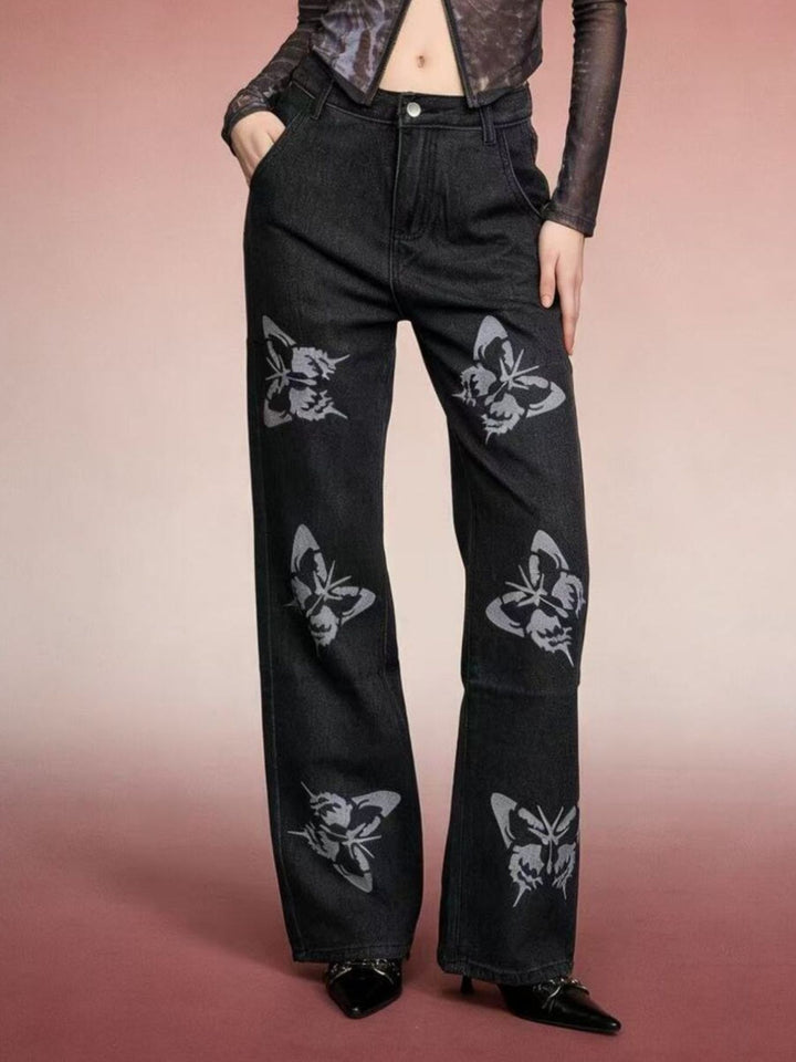 Butterfly print high-rise wide leg jeans