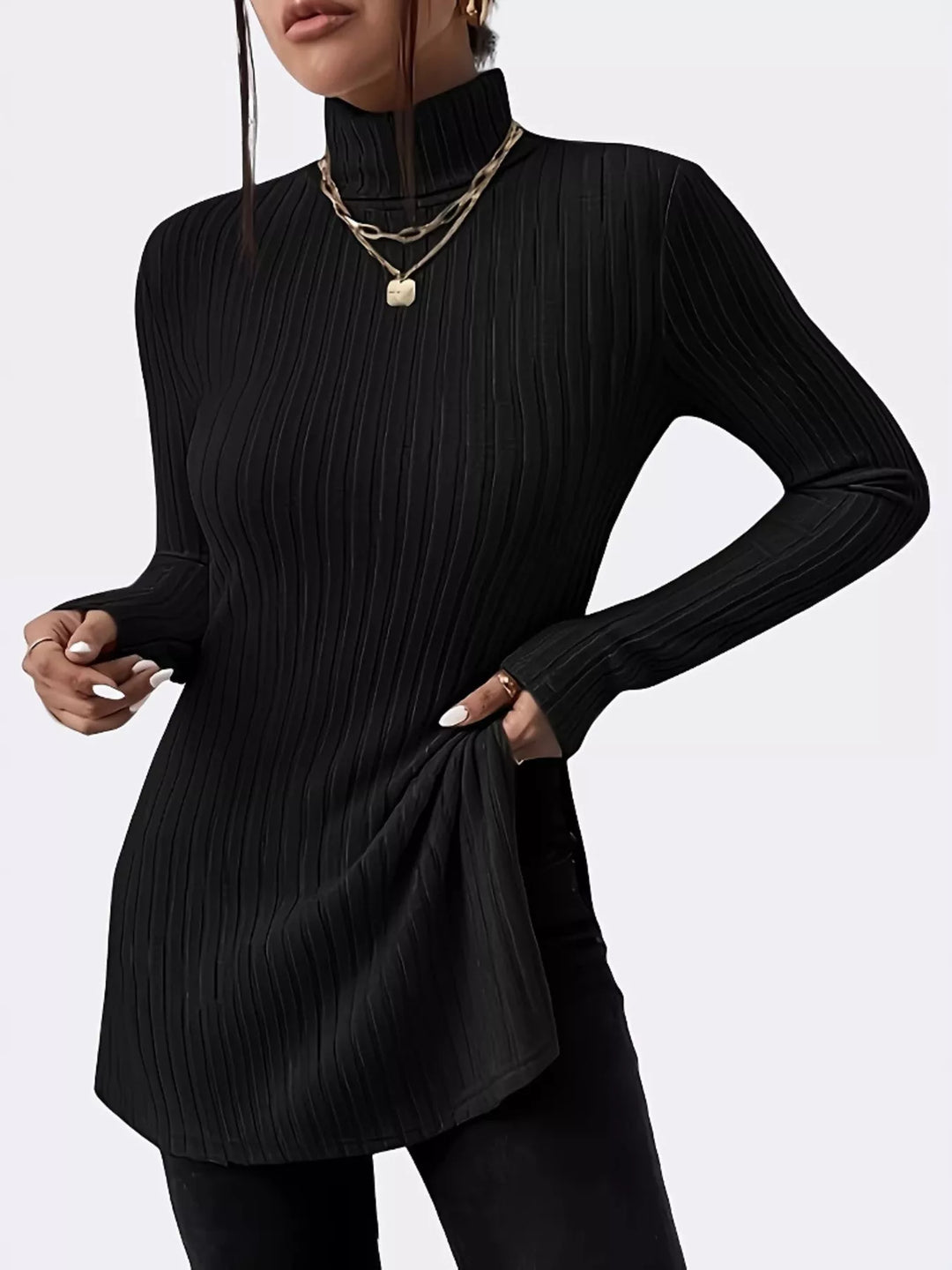 Ribbed turtleneck long sleeve top with side slits