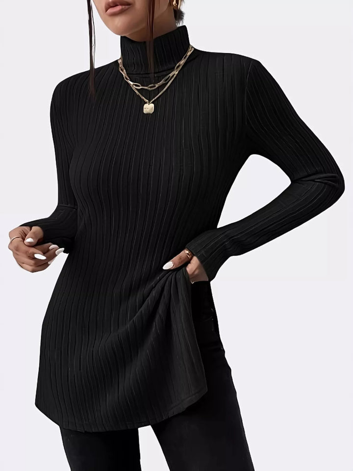 Ribbed turtleneck long sleeve top with side slits