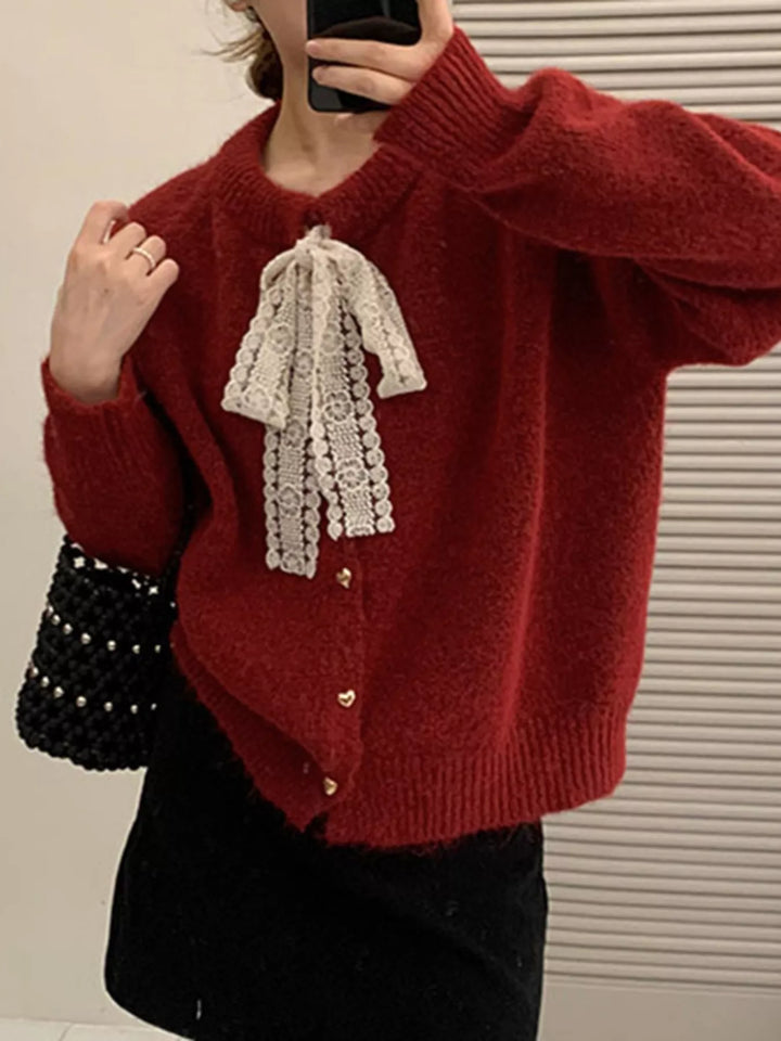 Red Lace bow knit cardigan with gold heart buttons