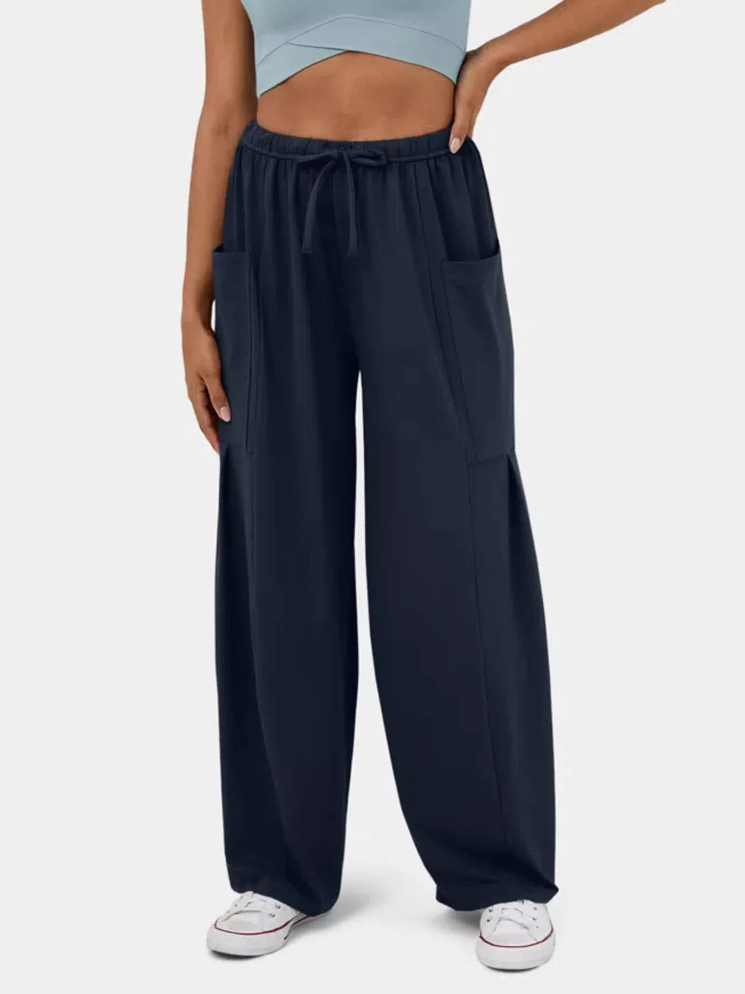 High-rise drawstring wide-leg pants with patch pockets
