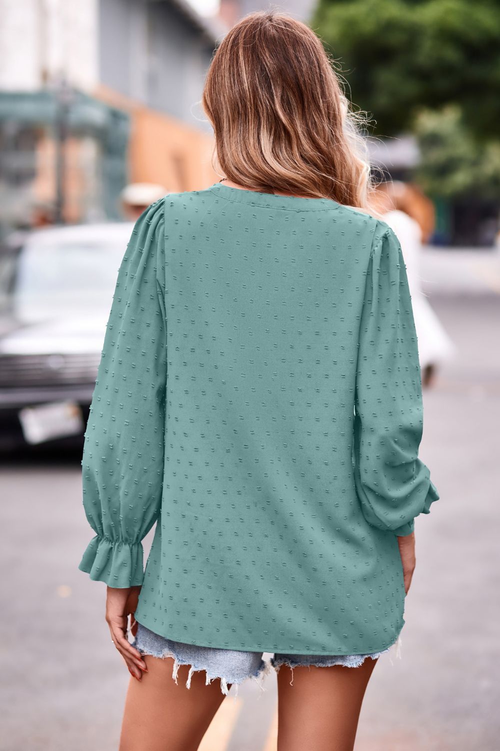 Swiss dot notched neck blouse with flounce sleeves