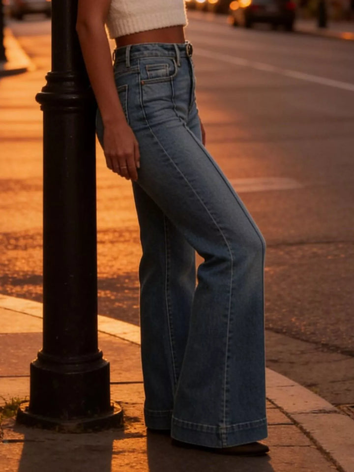 High-rise flare leg jeans with pressed center seam