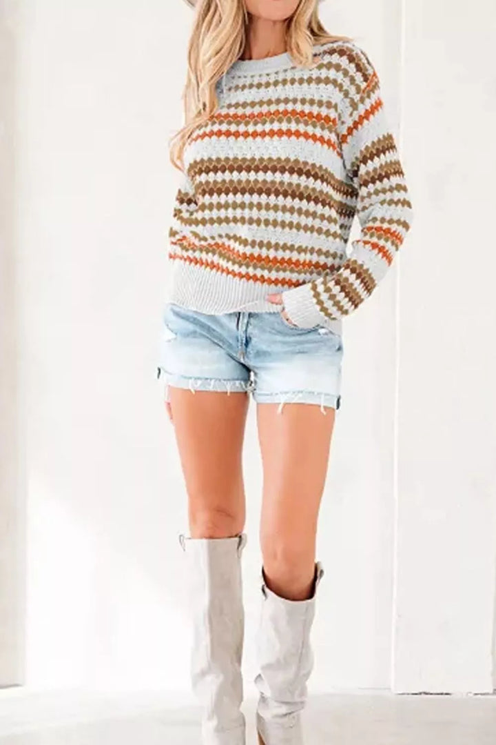 Striped pointelle knit crewneck sweater with drop shoulders